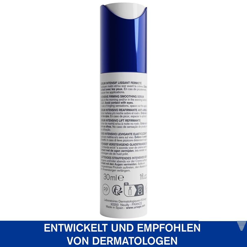 Rückseite der Uriage Age Lift Serum Flasche. Text, 30ml, 1 fl.oz. Entwickelt von Dermatologen.