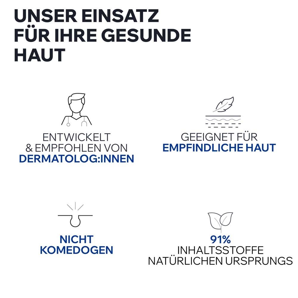 Grafik mit Symbolen. Entwickelt & empfohlen von Dermatolog:innen. Geeignet für empfindliche Haut. Nicht komedogen.
