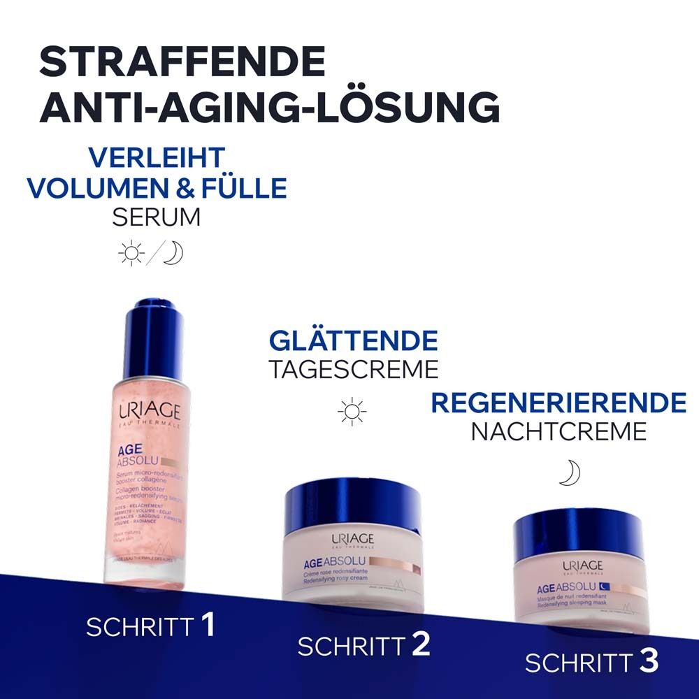 Grafik mit Produkten. Straffende Anti-Aging-Lösung. Serum, Tagescreme, Nachtcreme. Schritte 1, 2, 3.