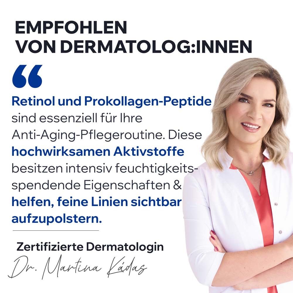 Zertifizierte Dermatologin Dr. Martina Kadas. Zitat: Retinol und Pro-Kollagen-Peptide sind essenziell für Ihre Anti-Aging-Pflege.