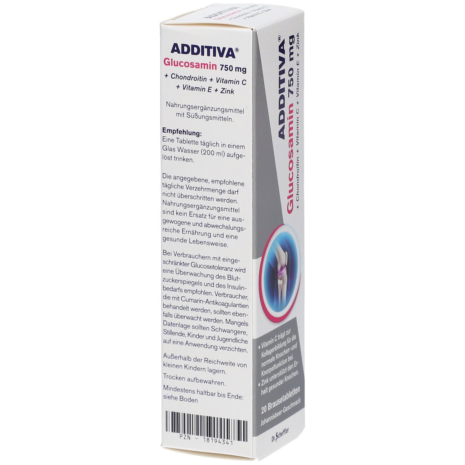 ADDITIVA® Glucosamin 750 mg Packung. Rückseite mit Anwendungshinweisen und Warnhinweisen. Trocken lagern.