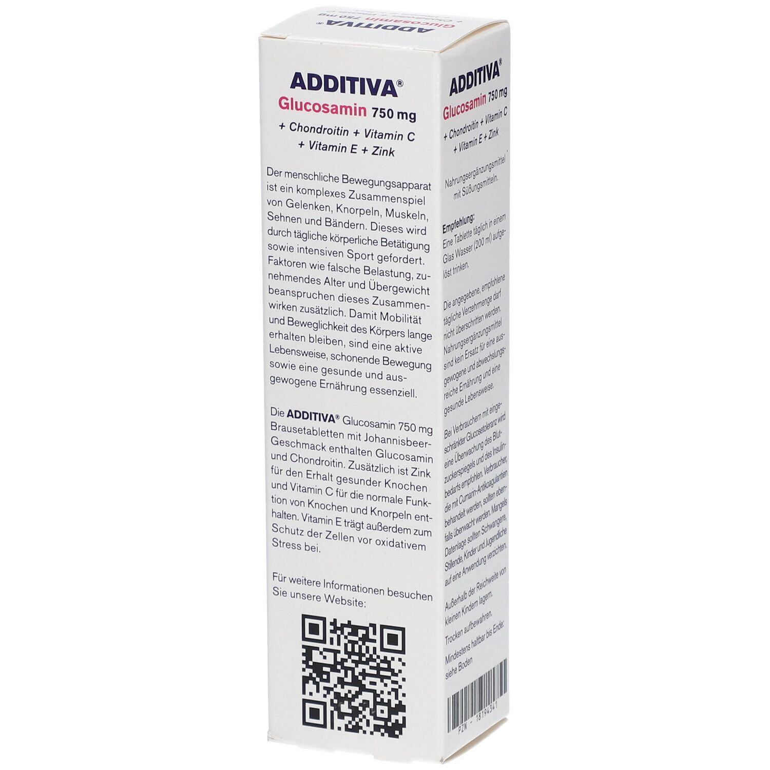 ADDITIVA® Glucosamin 750 mg Packung. Seitenansicht mit Text über die Zusammensetzung und QR-Code für weitere Informationen.