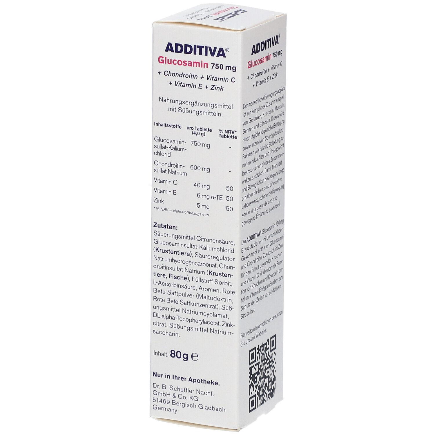 ADDITIVA® Glucosamin 750 mg Packung. Detailansicht der Inhaltsstoffe und Nährwertangaben. Enthält 80g.