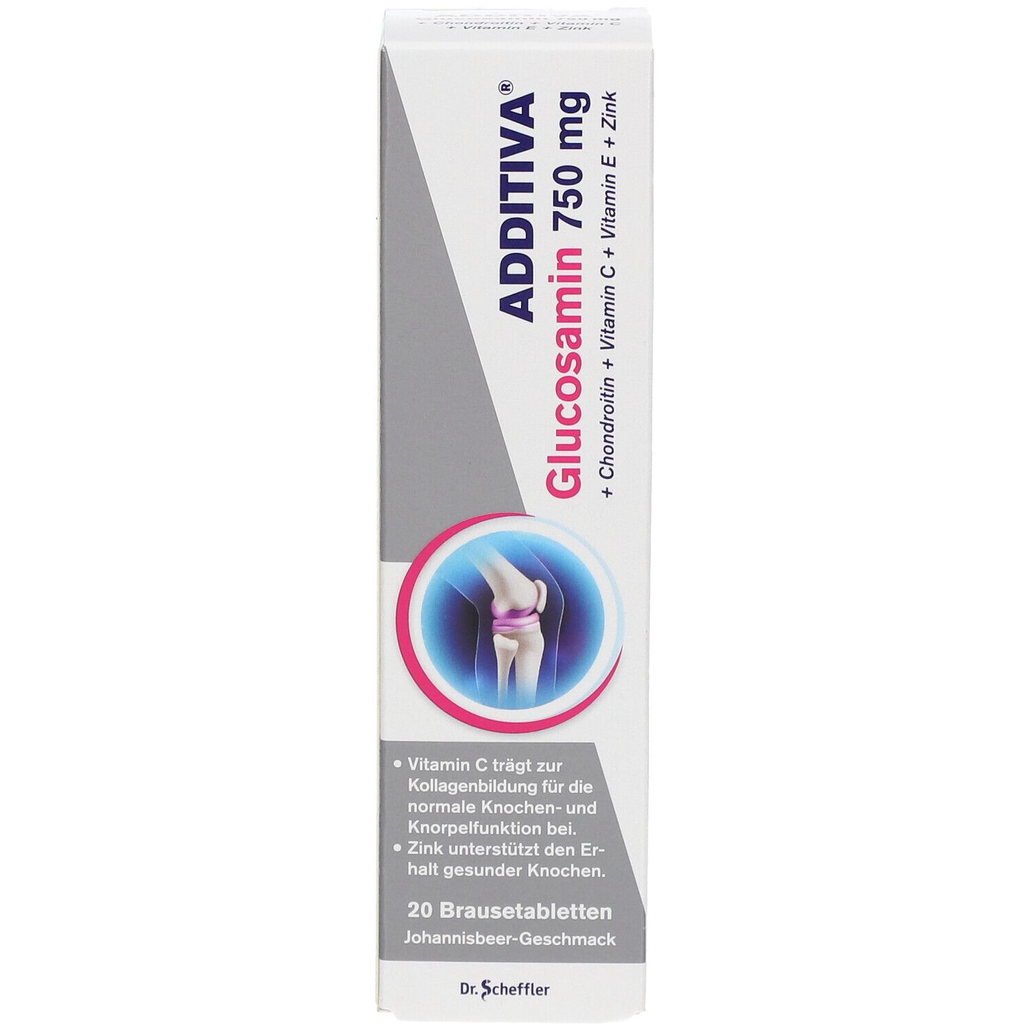 ADDITIVA® Glucosamin 750 mg Packung. Vorderansicht mit Produktnamen, Inhaltsstoffen und Gelenk-Illustration.