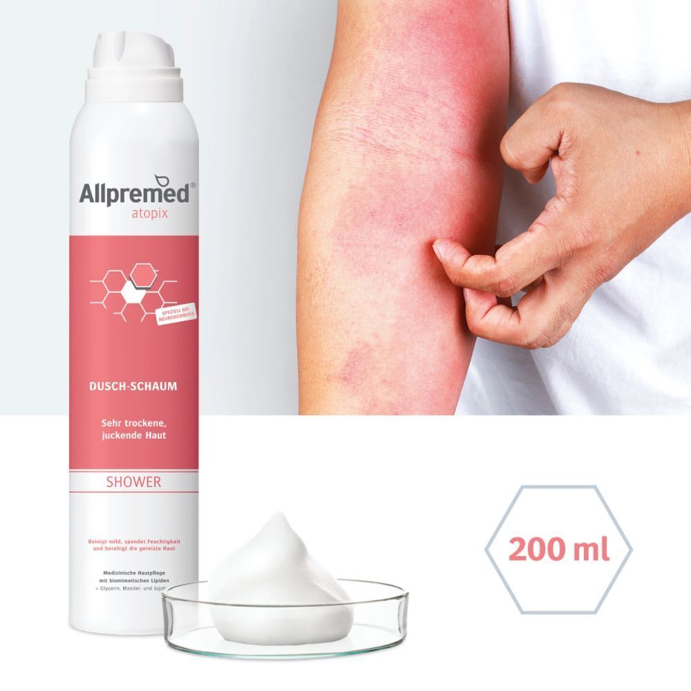 Allpremed atopix Dusch-Schaum, Flasche und Schaum. Rötung am Arm. 200 ml.