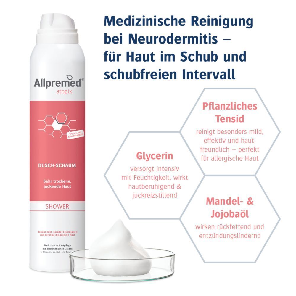 Allpremed atopix Dusch-Schaum, Flasche und Schaum. Text mit Inhaltsstoffen: Glycerin, Mandel- & Jojobaöl.