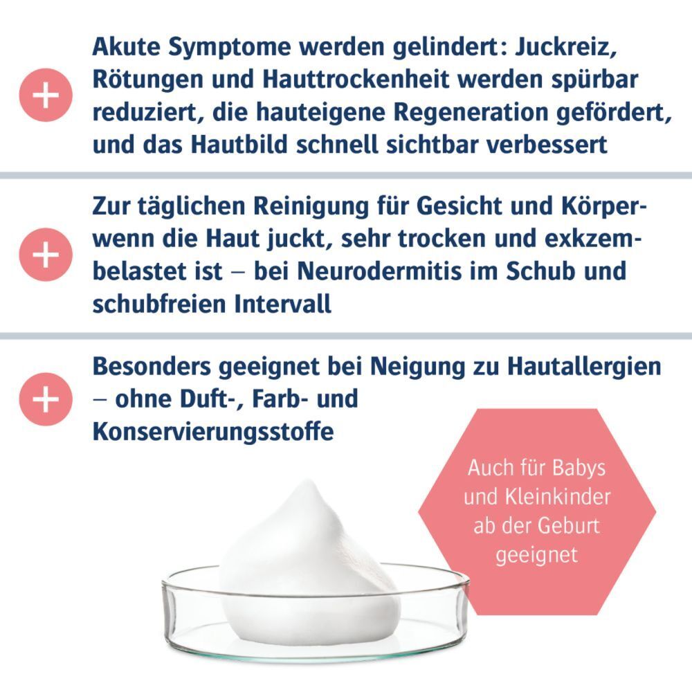 Schaum in Schale. Text: Geeignet für Babys. Text: Ohne Duft-, Farb- und Konservierungsstoffe.