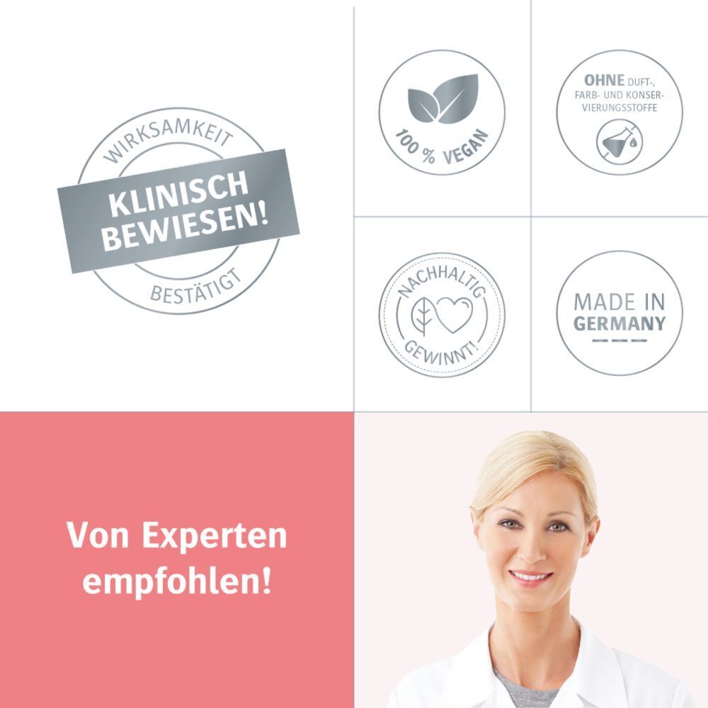 Text: Klinisch bewiesen. Text: 100% Vegan. Text: Ohne Duft-, Farb- und Konservierungsstoffe. Frau.