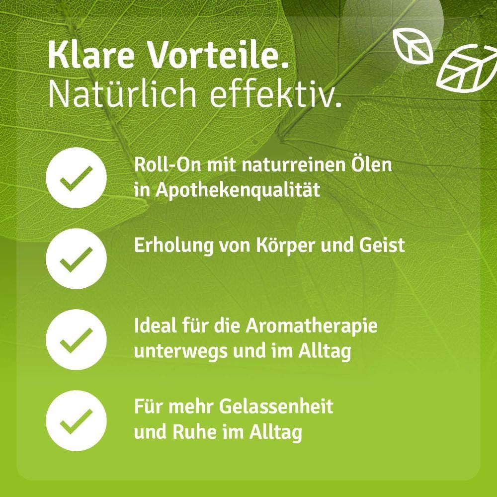 Text: Klare Vorteile. Roll-On mit naturreinen Ölen in Apothekenqualität. Für mehr Gelassenheit und Ruhe im Alltag.