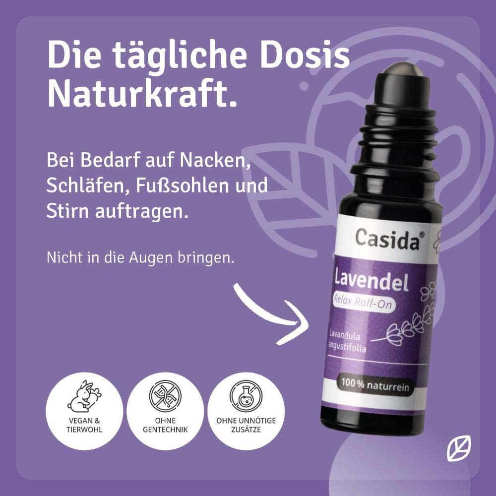 Roll-On-Flasche mit Text: Casida Lavendel Relax Roll-On. Vegan & tierwohl, ohne Gentechnik, ohne Zusätze.