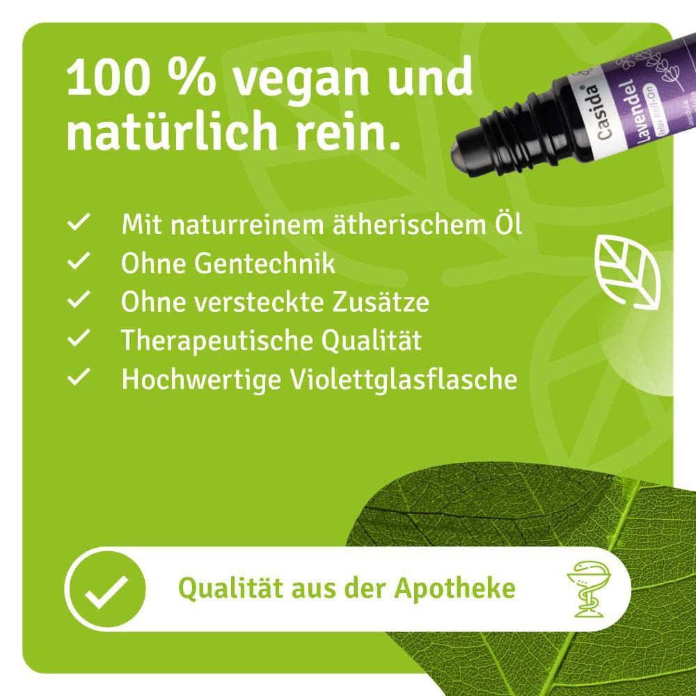 Roll-On-Flasche mit Text: Casida Lavendel Relax Roll-On. 100% vegan und natürlich rein. Qualität aus der Apotheke.