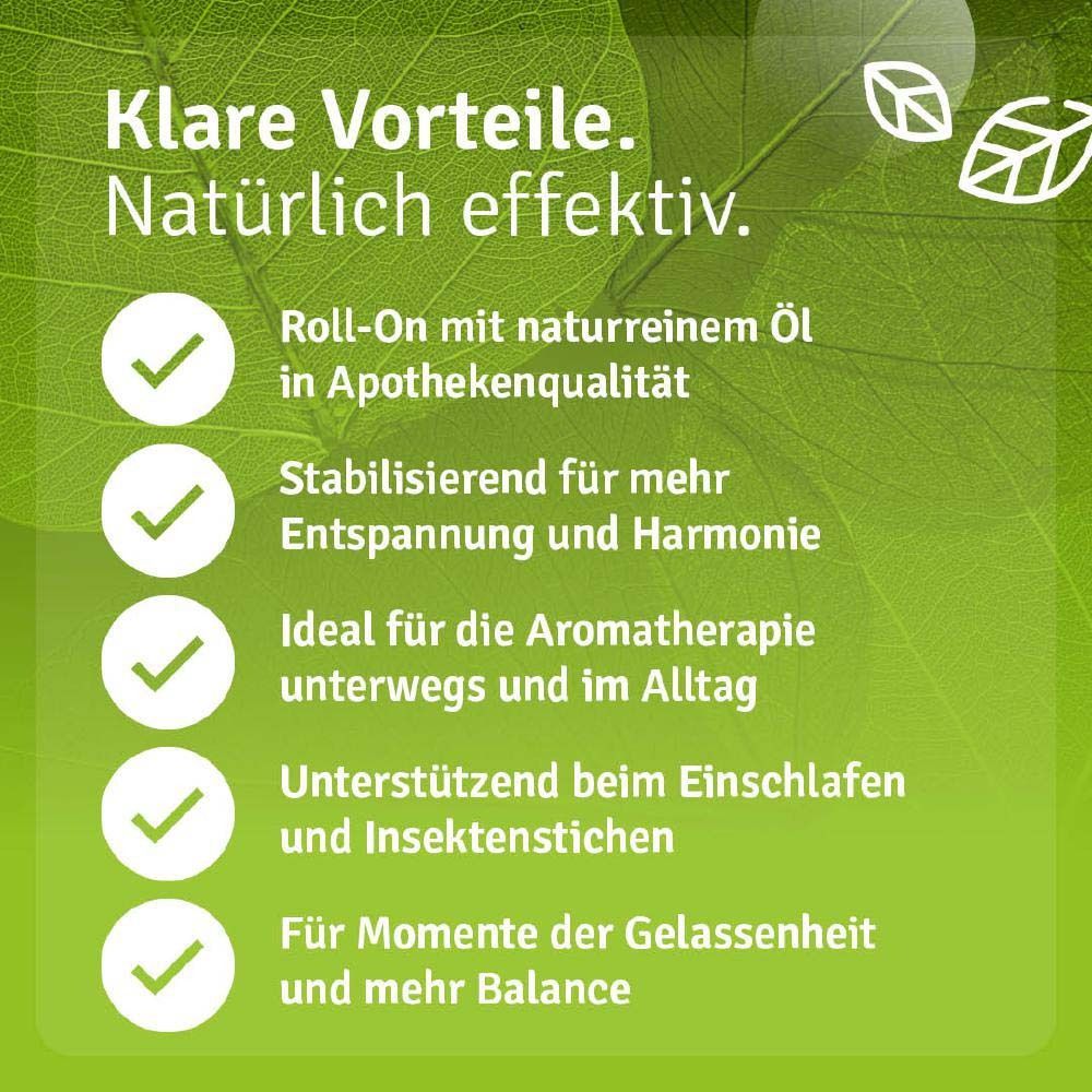 Text: Klare Vorteile. Roll-On mit naturreinem Öl. Ideal für Aromatherapie, unterstützt beim Einschlafen.
