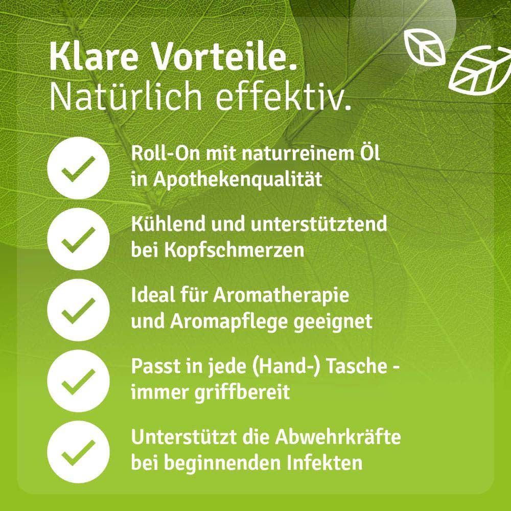 Produktflasche mit Text: Klare Vorteile. Roll-On mit naturreinem Öl. Apothekenqualität.