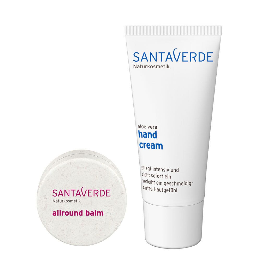 Creme und Balsam. Die Creme ist in einer Tube, der Balsam in einem runden Behälter. Beide Produkte sind weiß mit Schrift.
