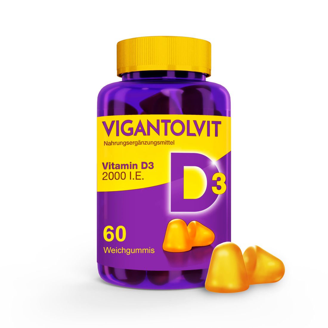 Violette Flasche mit gelbem Deckel. Enthält Vitamin D3 Weichgummis. Aufschrift: VIGANTOLVIT, Vitamin D3 2000 I.E., 60 Weichgummis.