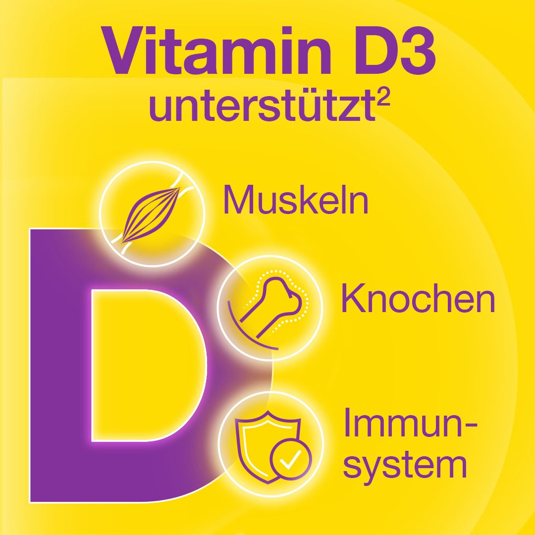 Gelber Hintergrund mit lila D und Symbolen für Muskeln, Knochen und Immunsystem. Text: Vitamin D3 unterstützt.