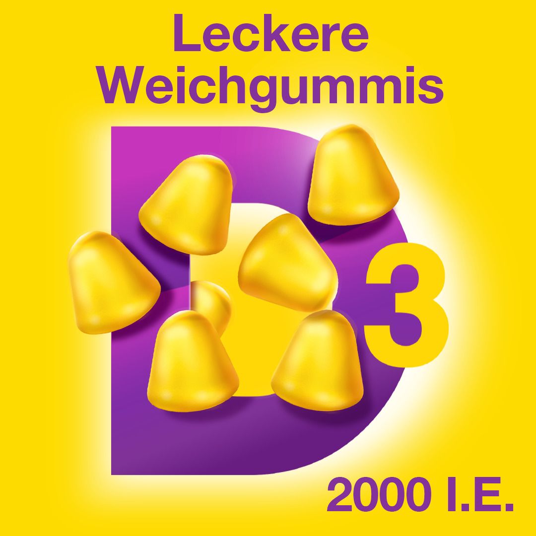 Gelber Hintergrund mit lila D und gelben Weichgummis. Text: Leckere Weichgummis, 2000 I.E.