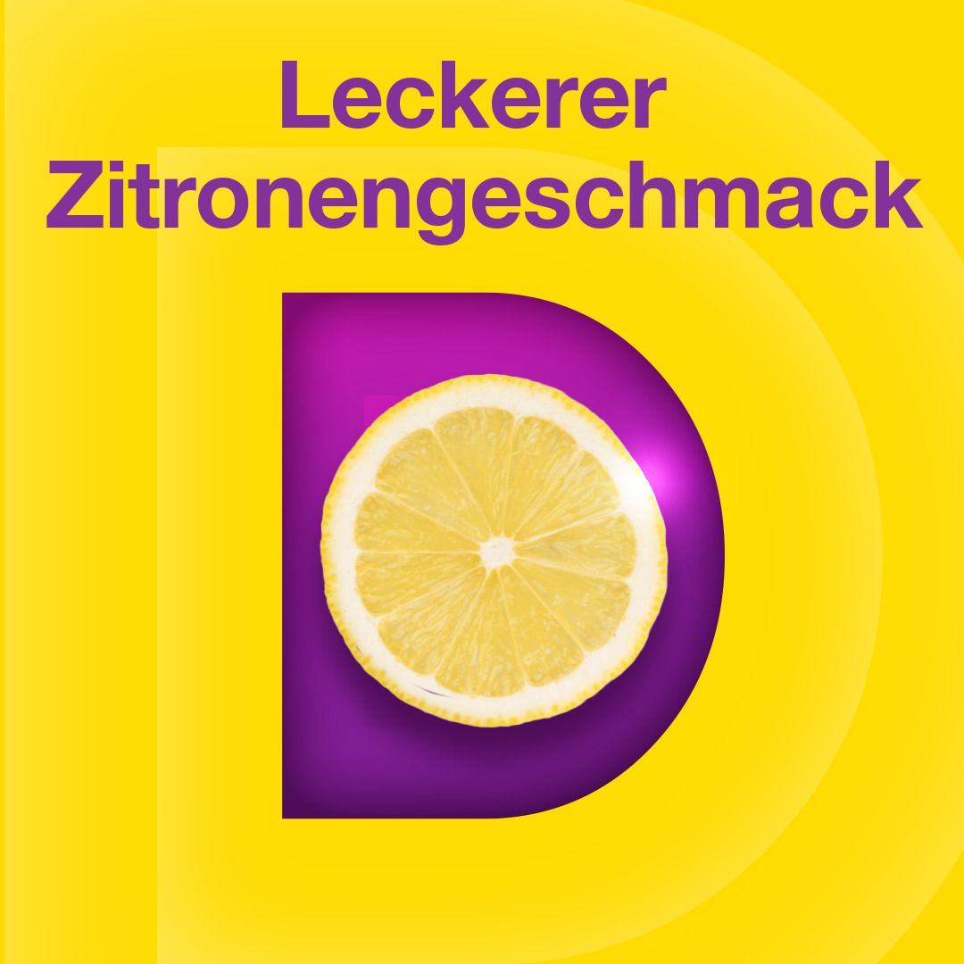 Gelber Hintergrund mit lila D und einer Zitrone. Text: Leckerer Zitronengeschmack.
