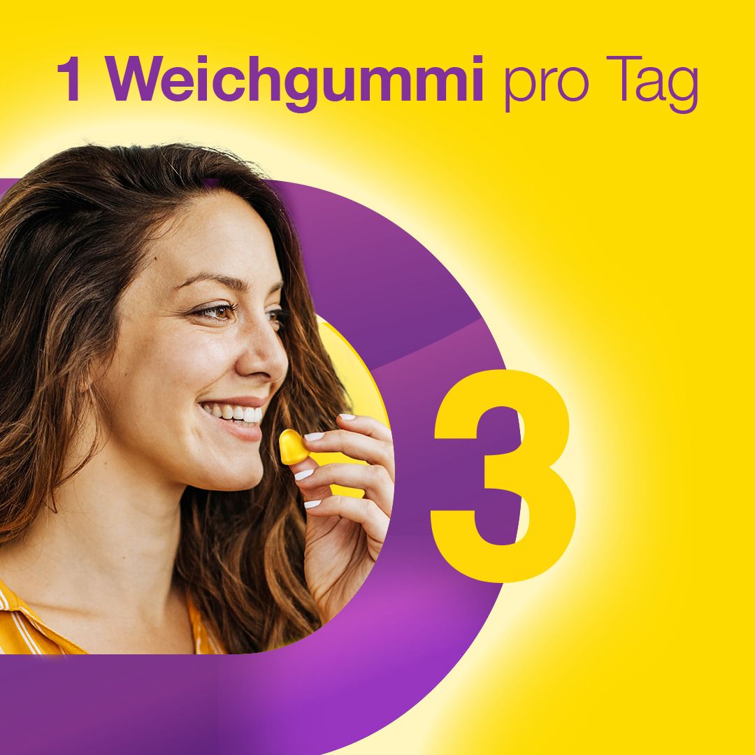 Gelber Hintergrund mit lila D und einer Frau, die eine gelbe Weichgummi isst. Text: 1 Weichgummi pro Tag.