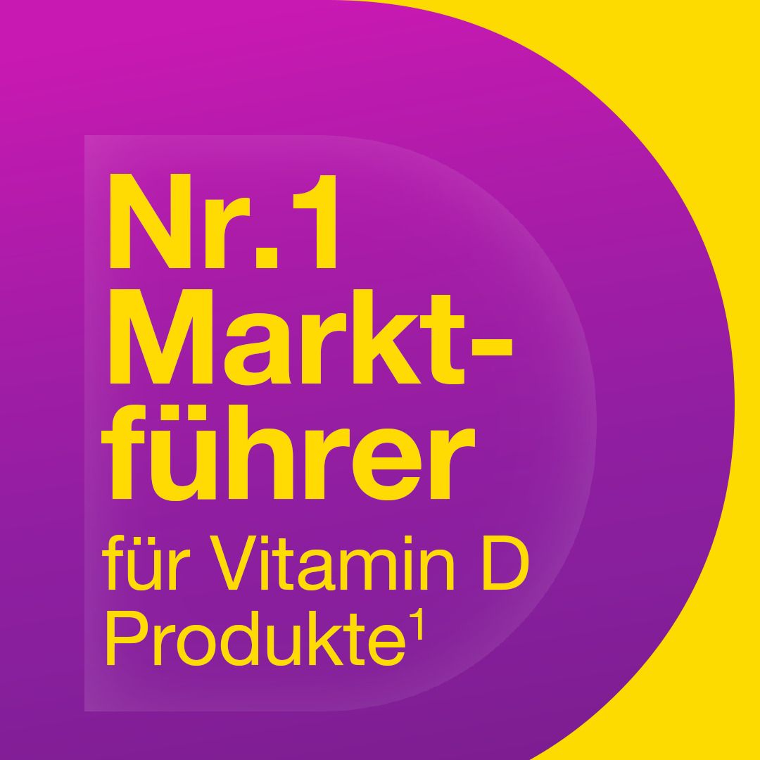 Gelber Hintergrund mit lila Kreis. Text: Nr. 1 Marktführer für Vitamin D Produkte.
