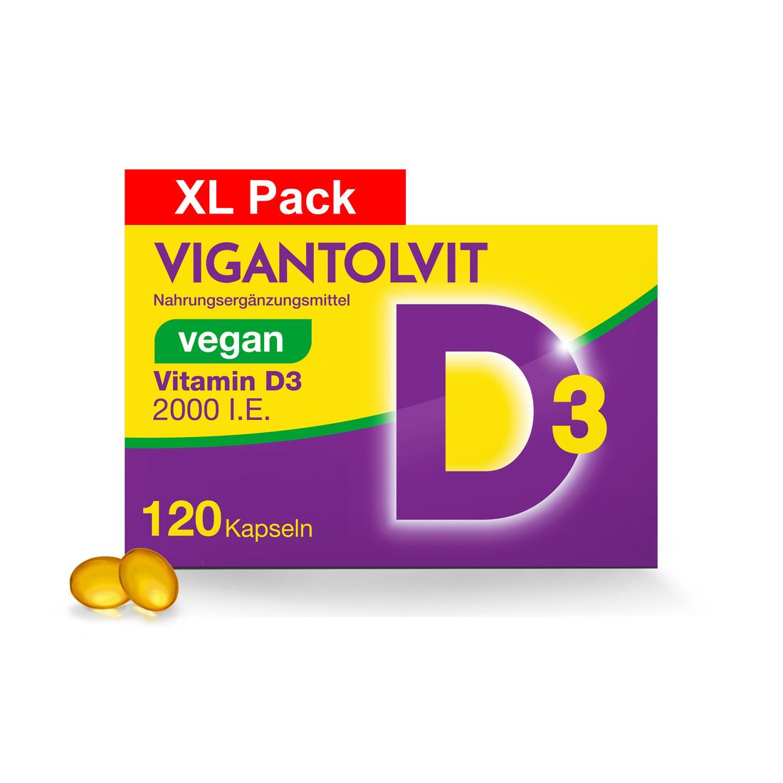 Schachtel mit VIGANTOLVIT® 2000 I.E. Vitamin D3 vegan, XL Pack. Enthält 120 Kapseln. Zwei gelbe Kapseln liegen daneben.