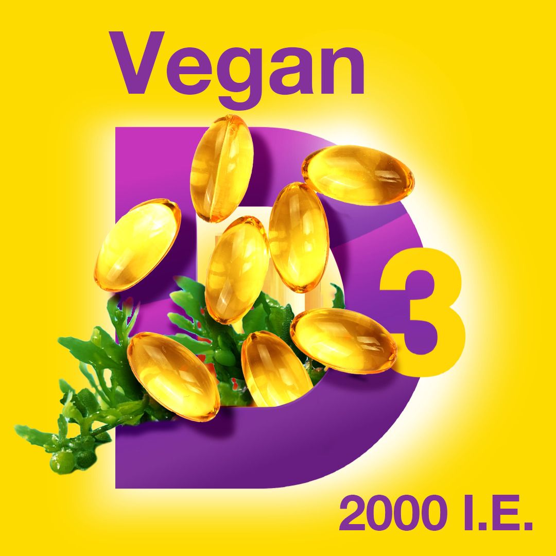 Gelbe Kapseln und grüne Blätter vor einem lila D3-Symbol. Text: Vegan, 2000 I.E.