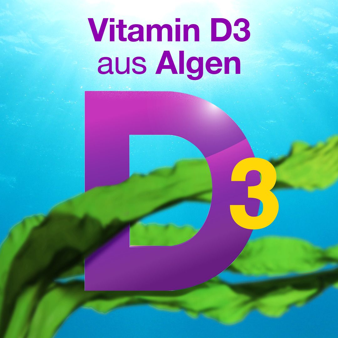 Lila D3-Symbol mit Algen vor blauem Hintergrund. Text: Vitamin D3 aus Algen.