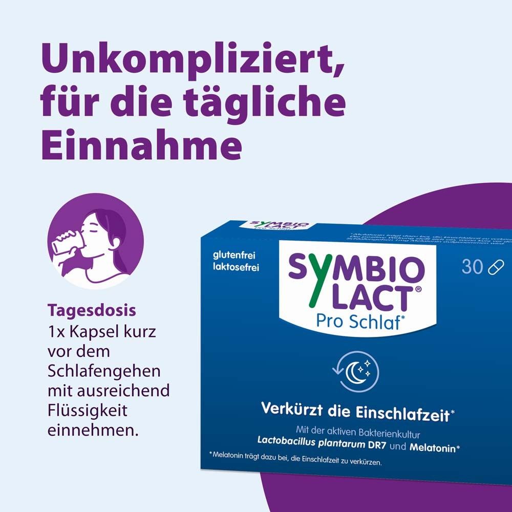Schachtel SymbioLact Pro Schlaf. Text: Unkompliziert, für die tägliche Einnahme. Tagesdosis: 1 Kapsel. Frau trinkt.