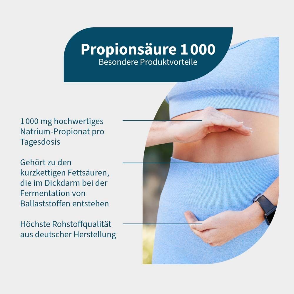 Infografik mit Text und Frau, die ihren Bauch berührt. Text: Propionsäure 1000, 1000 mg Natrium-Propionat, deutsche Herstellung.