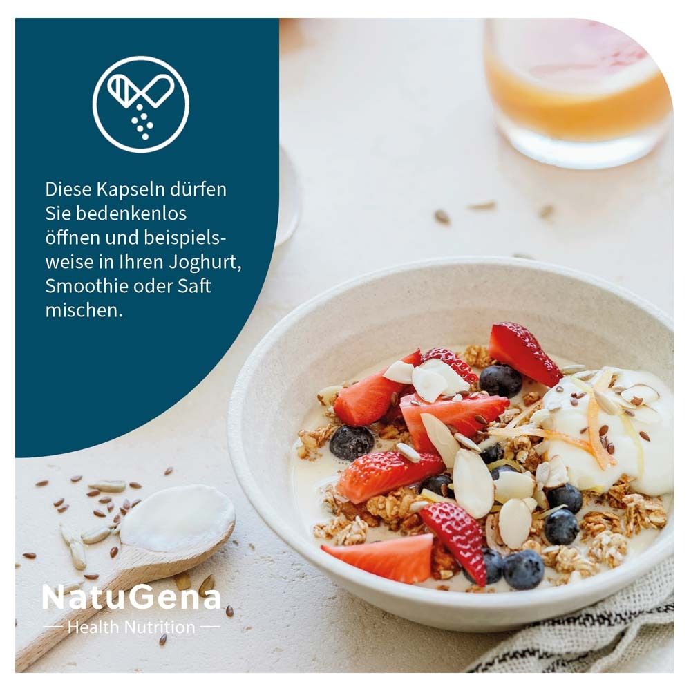 Schüssel mit Müsli, Früchten und Löffel. Text: Kapseln können in Joghurt, Smoothie oder Saft gemischt werden.