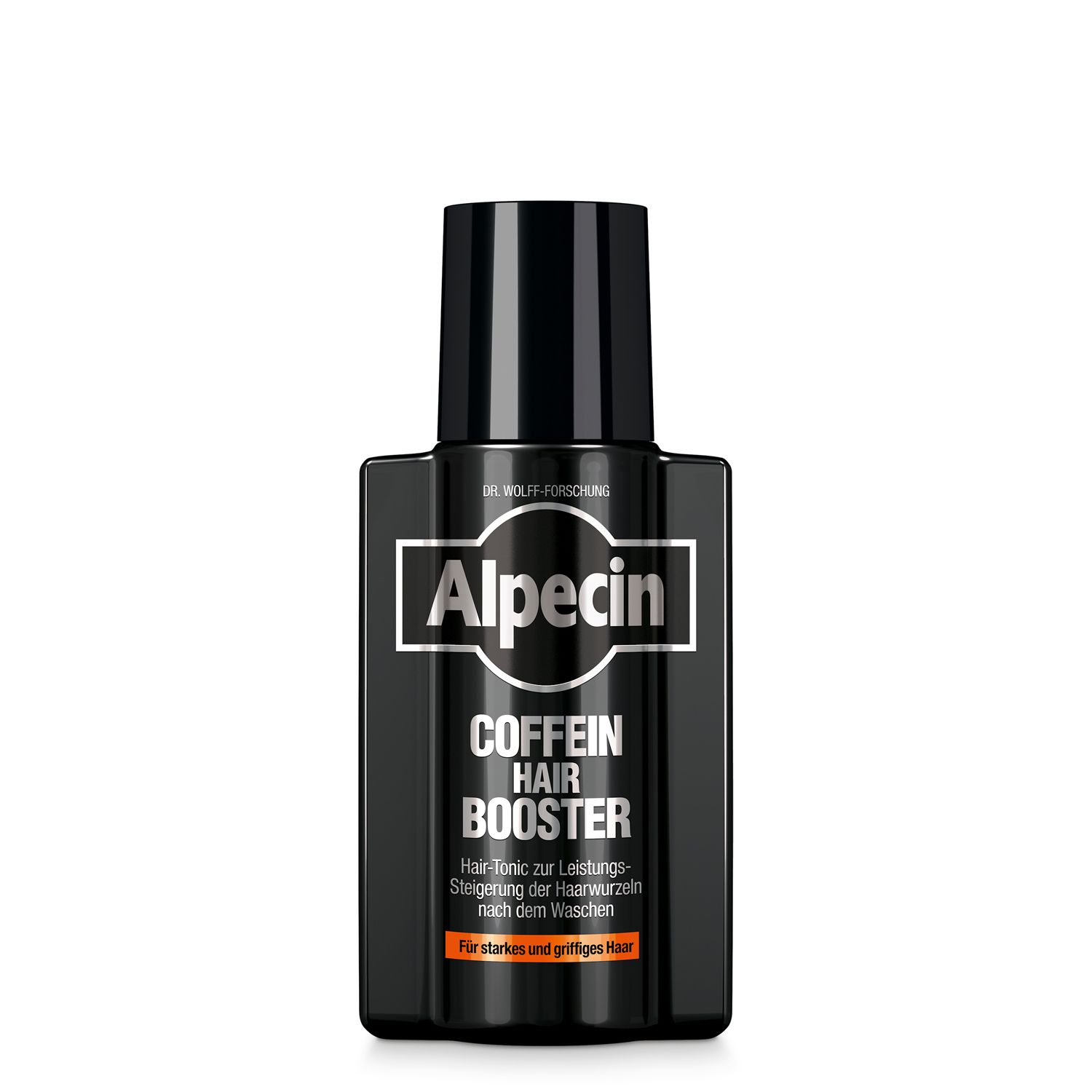 Schwarze Flasche mit Alpecin-Logo und Aufschrift 'Coffein Hair Booster'.