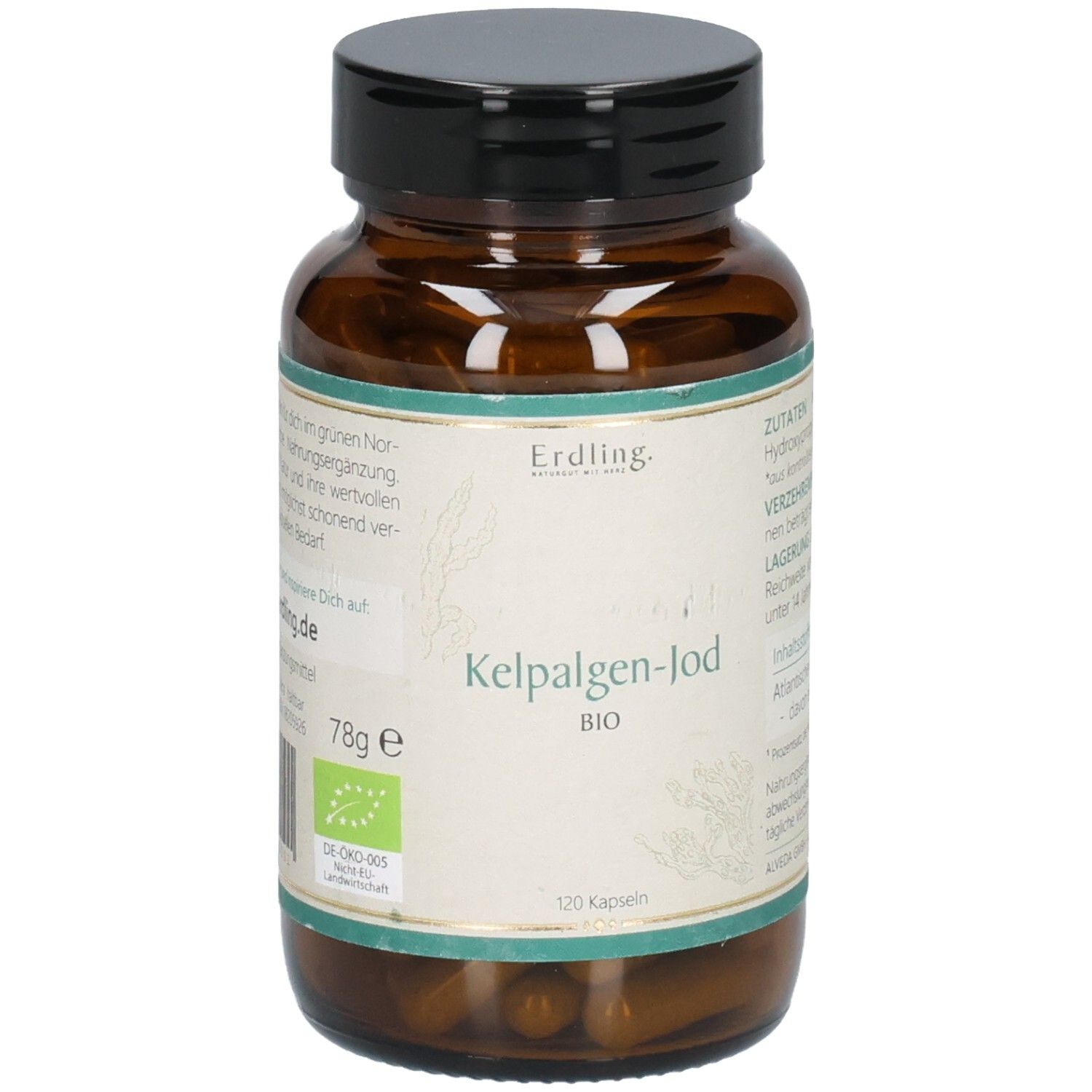 Braune Glasflasche mit schwarzen Deckel. Aufkleber mit Produktname: Kelpalgen-Jod BIO. 120 Kapseln. Bio-Siegel.