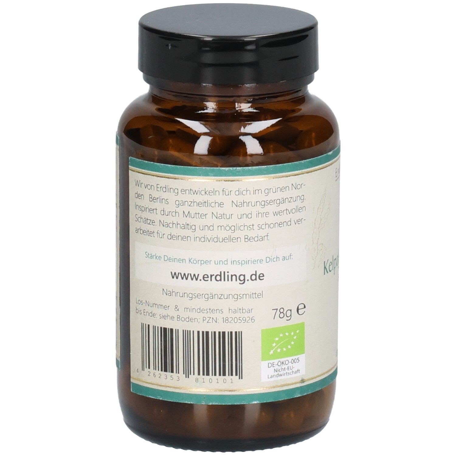 Braune Glasflasche mit schwarzem Deckel. Aufkleber mit Text und Barcode. Produktname: Kelpalgen-Jod BIO. 78g e. Bio-Siegel.