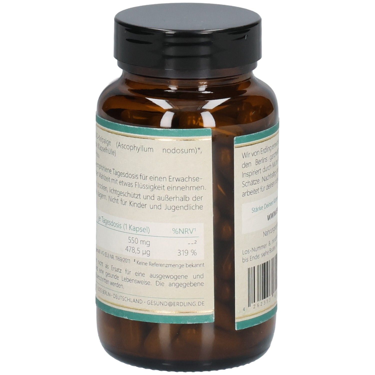 Braune Glasflasche mit schwarzem Deckel. Aufkleber mit Produktinformationen. Kelpalgen-Jod BIO. Dosierung: 1 Kapsel. 550 mg.