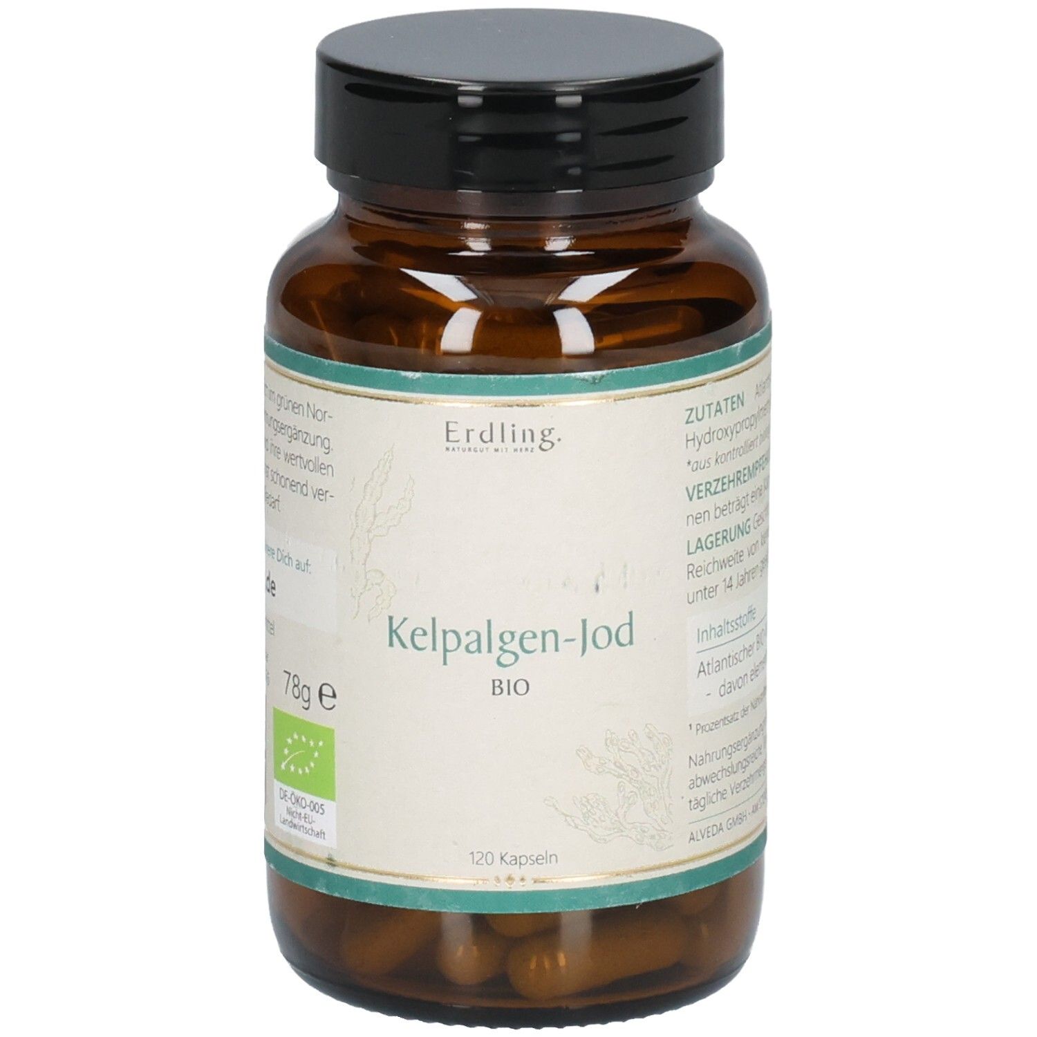 Braune Glasflasche mit schwarzem Deckel. Aufkleber mit Produktname: Kelpalgen-Jod BIO. 120 Kapseln. 78g e. Bio-Siegel.