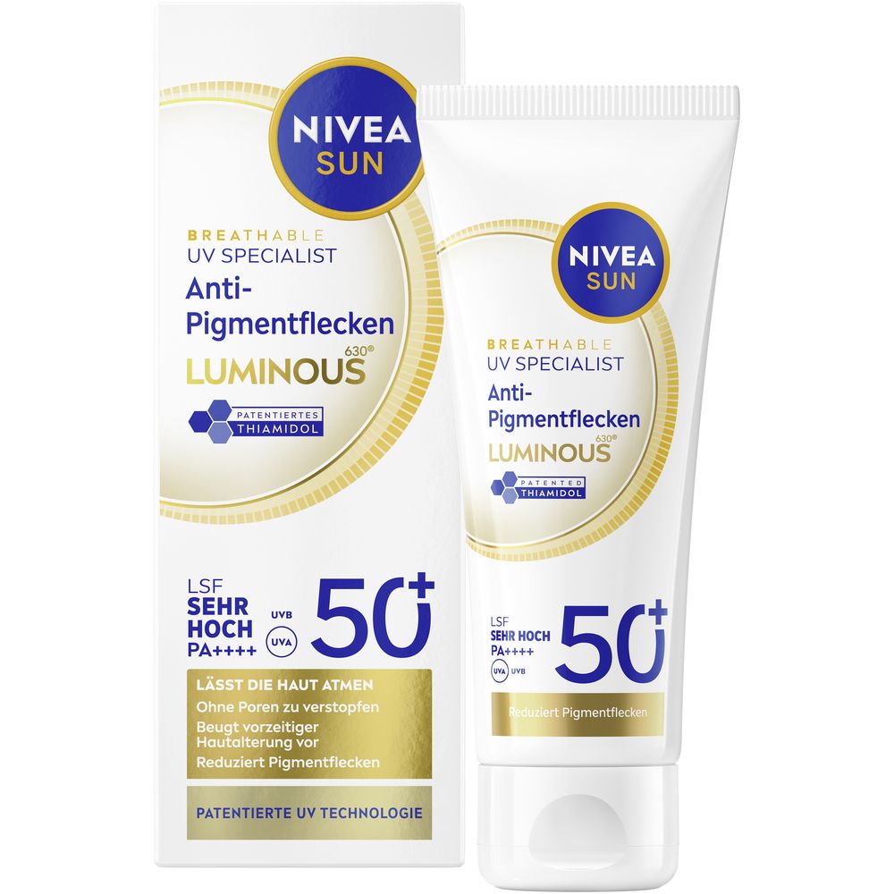 NIVEA SUN UV Gesicht Experte Anti-Pigmentflecken Luminous 50+ Sonnencreme und Faltschachtel.