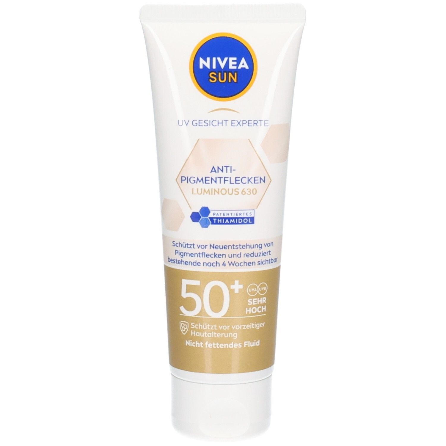 Weiße Tube mit blauem Deckel. Aufschrift: NIVEA SUN, UV Gesicht Experte, Anti-Pigmentflecken, Luminous 630, 50+.