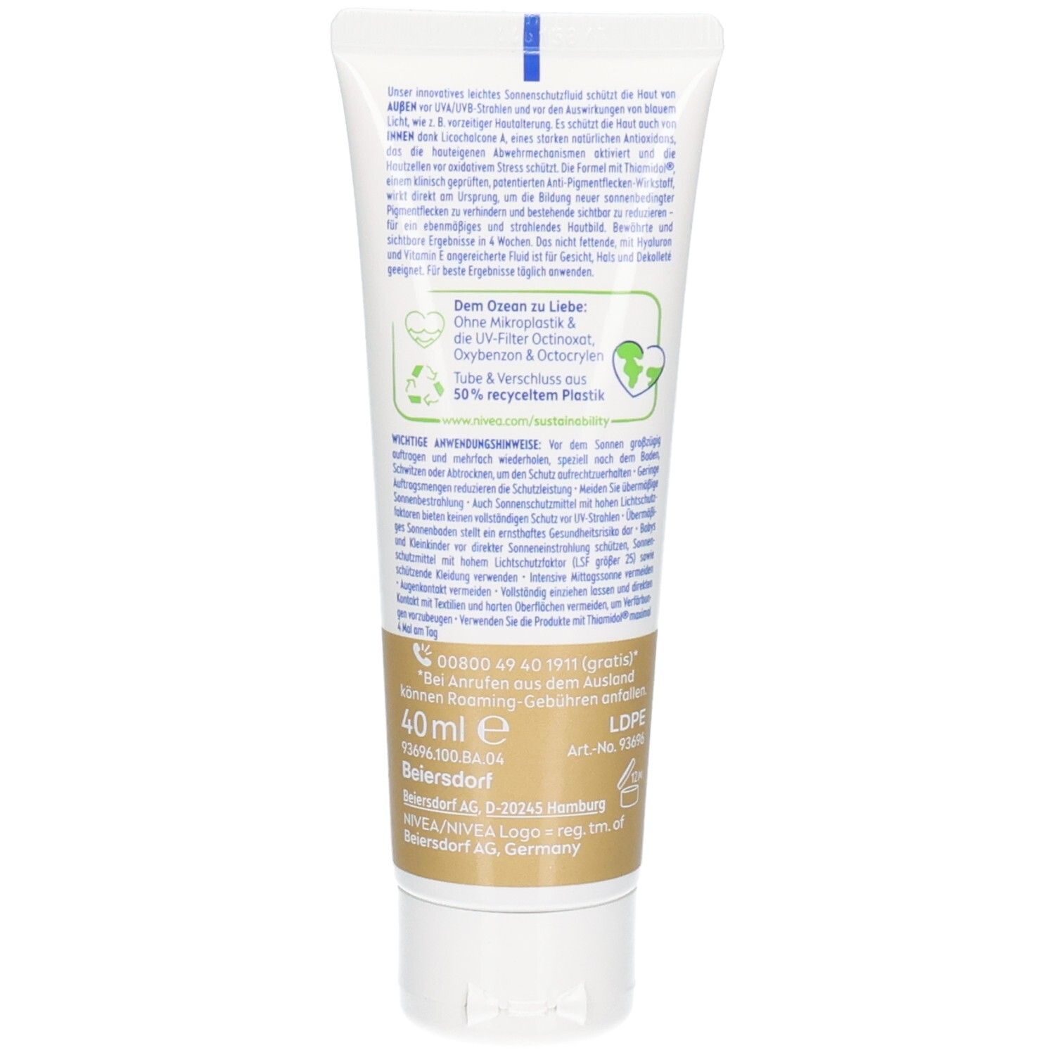 Rückseite der Tube. Text: 40ml, UV-Filter, Octinoxat, Octocrylen, 50% recyceltes Plastik. Kontaktinformationen.