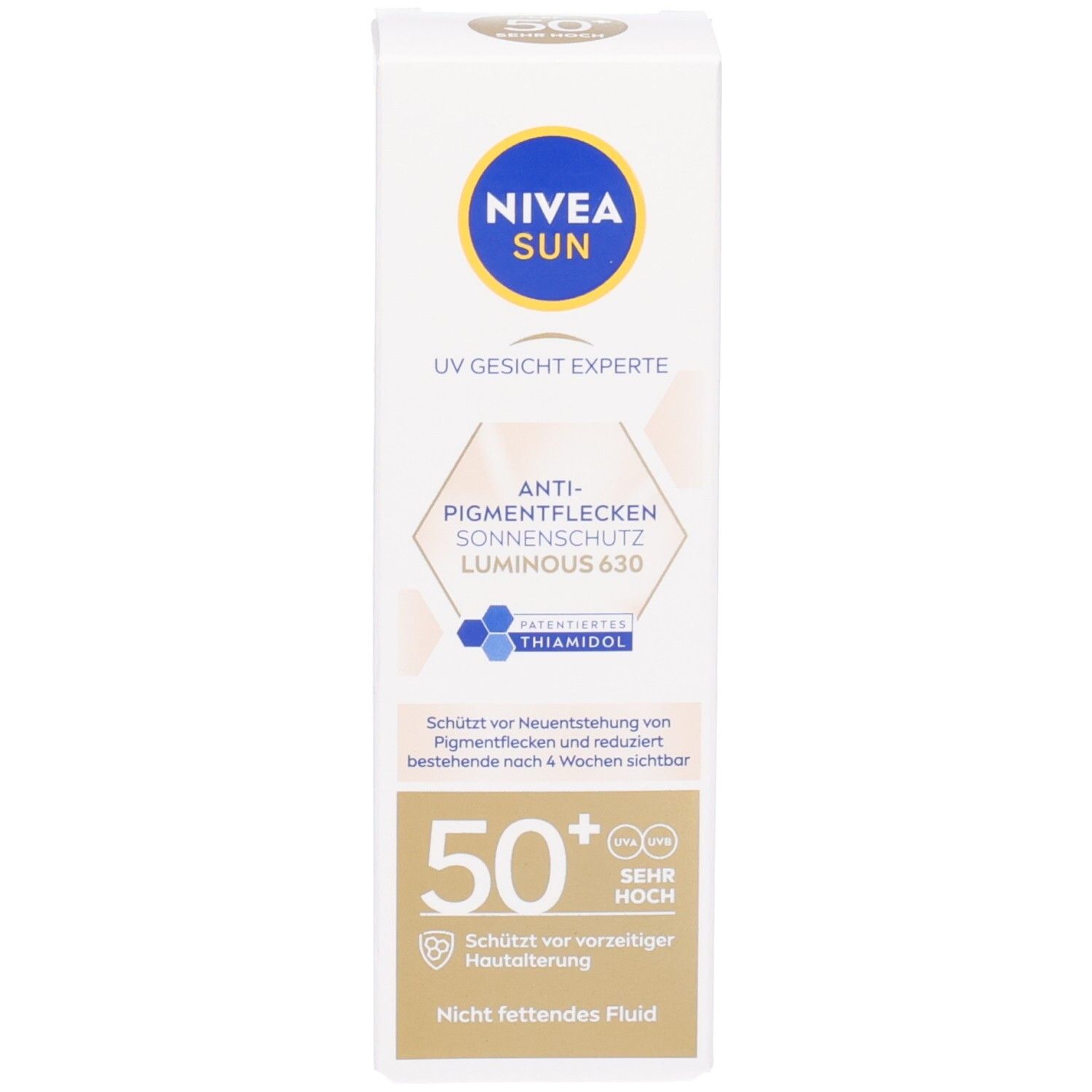 Weiße Schachtel. Aufschrift: NIVEA SUN, UV Gesicht Experte, Anti-Pigmentflecken, Luminous 630, 50+.