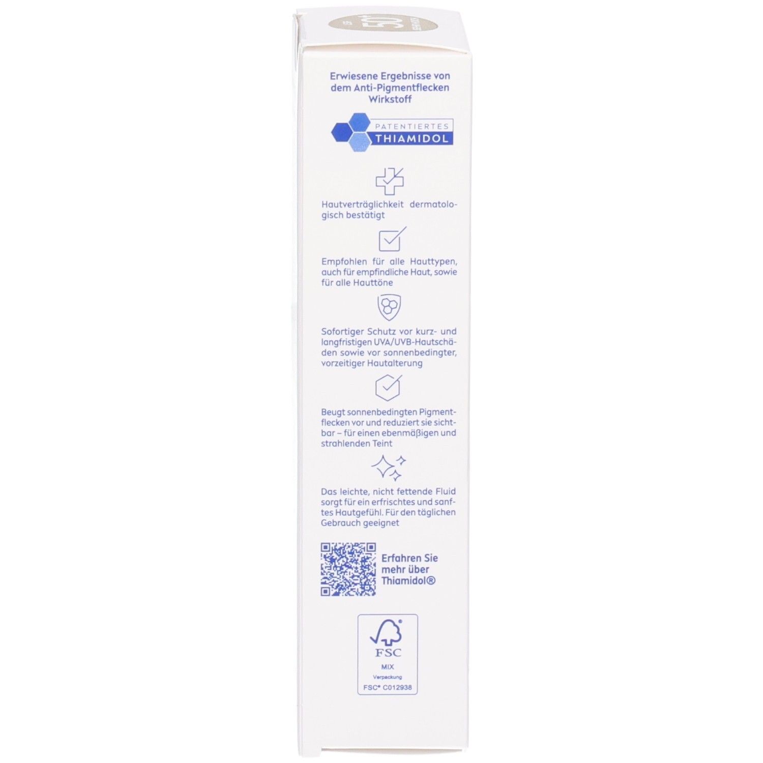 Schachtel-Seite. Text: Thiamidol, dermatologisch bestätigt, für alle Hauttypen, UV-Schutz, FSC-Siegel.