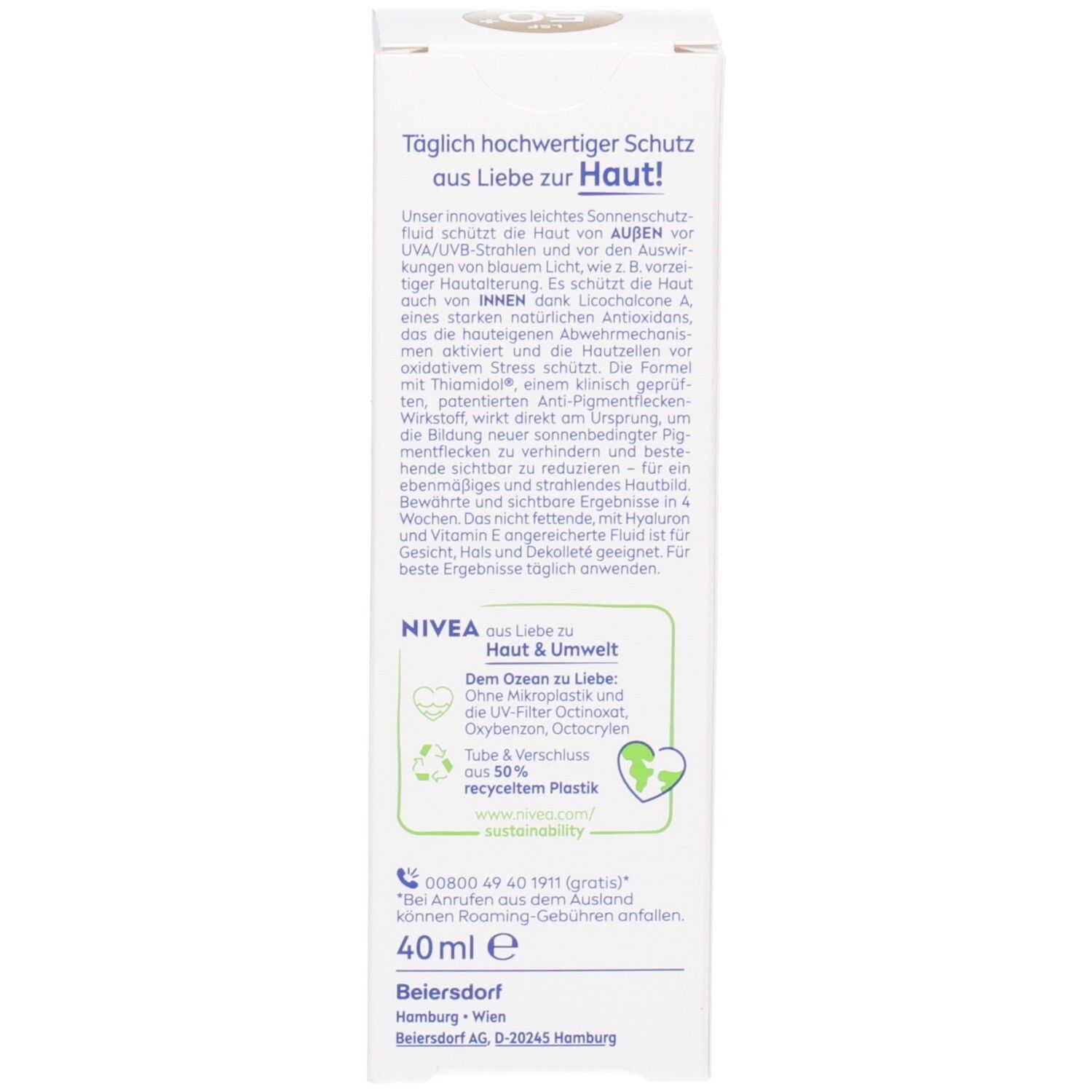 Schachtel-Seite. Text: Hochwertiger Schutz, UV-Filter, 40ml, 50% recyceltes Plastik, Kontaktinformationen, Nachhaltigkeit.