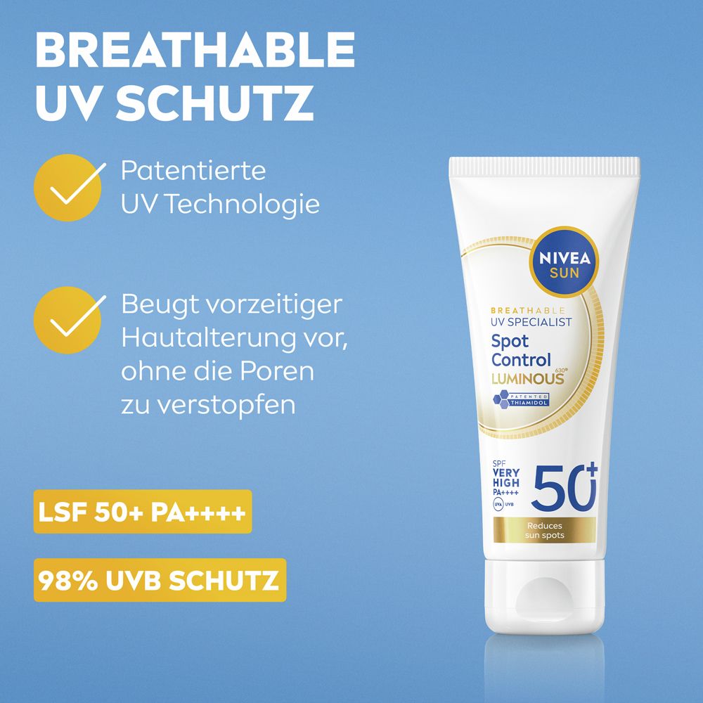 NIVEA SUN UV Gesicht Experte Anti-Pigmentflecken Luminous 50+ Sonnencreme mit Text-Highlights.