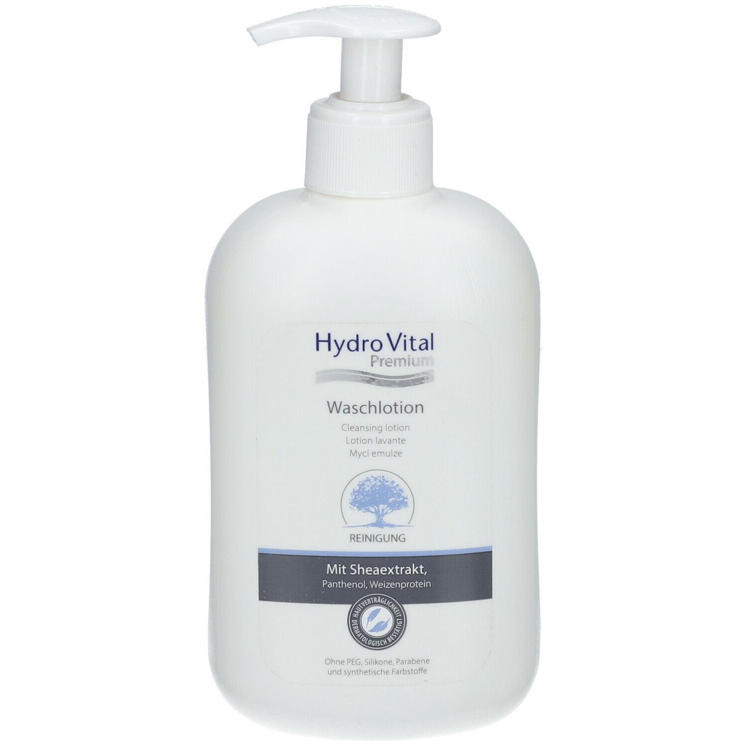 Weiße Flasche mit Pumpverschluss. Aufschrift: Hydro Vital Premium Waschlotion. Mit Sheaextrakt, Panthenol, Weizenprotein.