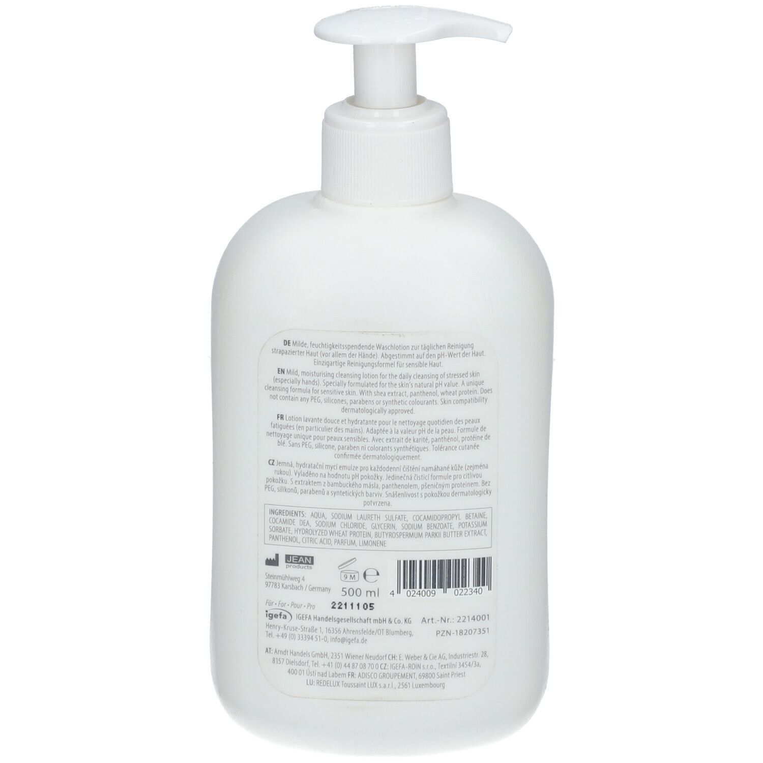 Rückseite einer weißen Flasche mit Pumpverschluss. Text in mehreren Sprachen. Inhaltsstoffe und Herstellerangaben.