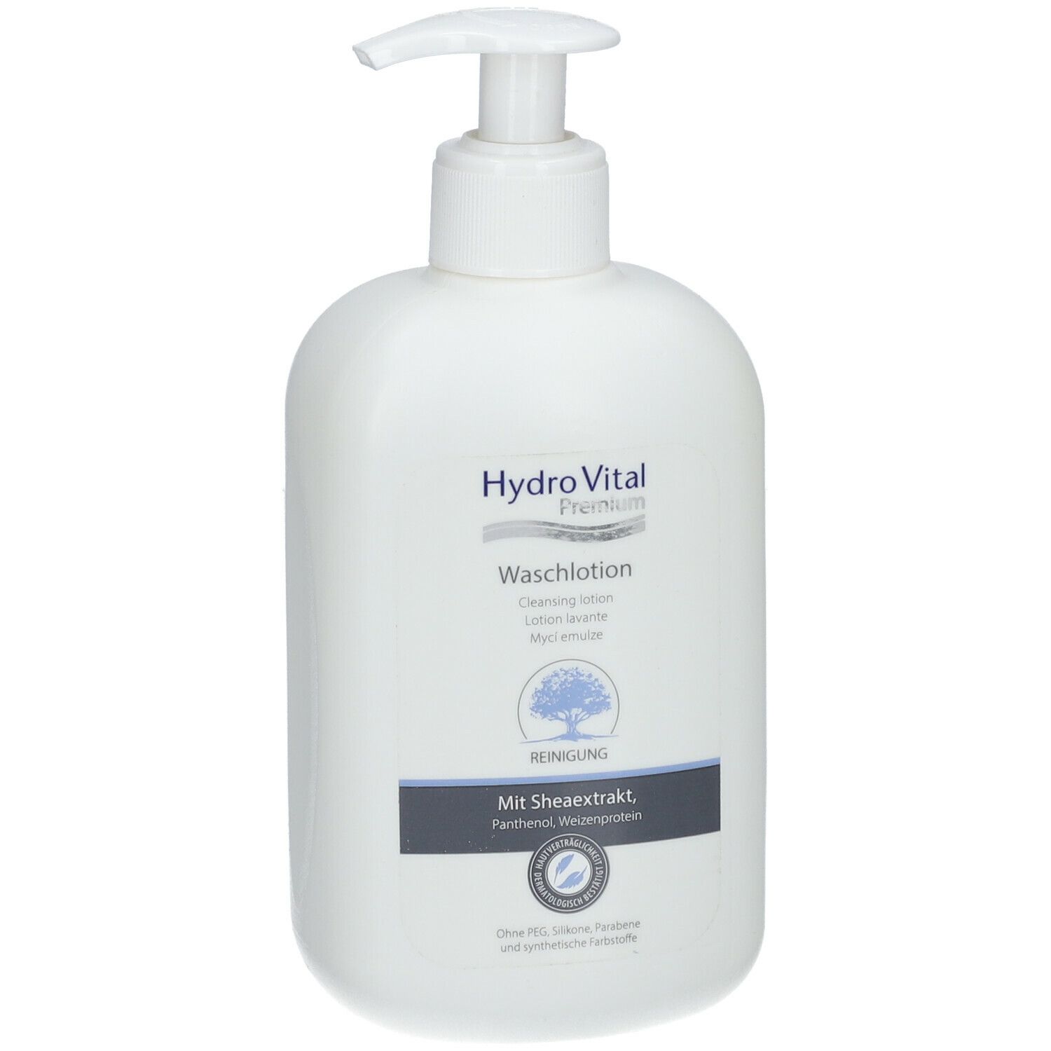 Weiße Flasche mit Pumpverschluss. Aufschrift: Hydro Vital Premium Waschlotion. Mit Sheaextrakt, Panthenol, Weizenprotein.