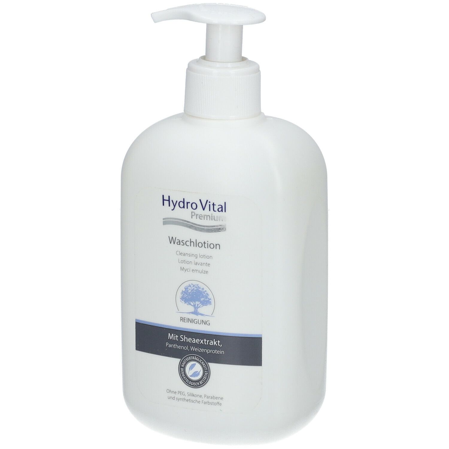 Weiße Flasche mit Pumpverschluss. Aufschrift: Hydro Vital Premium Waschlotion. Mit Sheaextrakt, Panthenol, Weizenprotein.