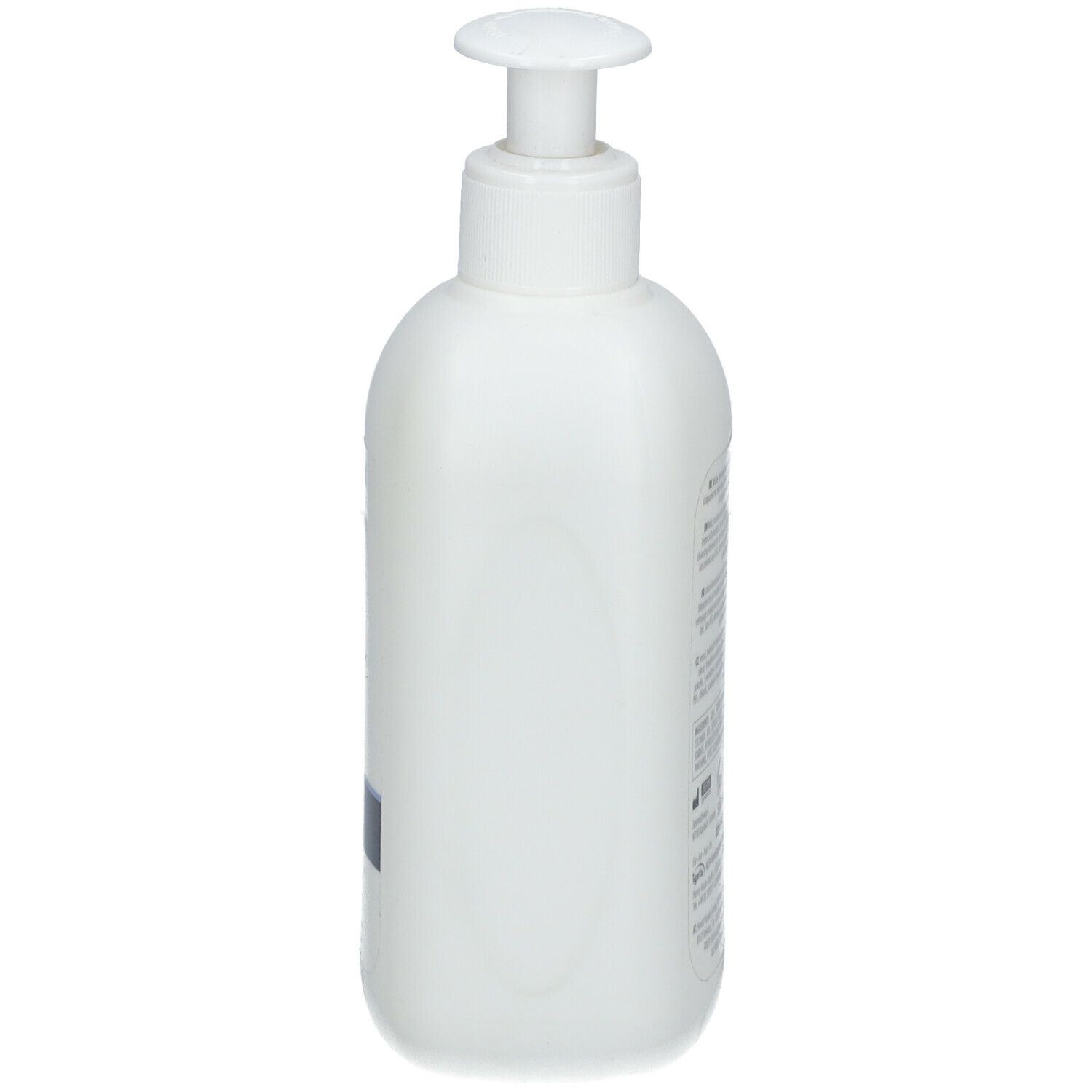 Weiße Flasche mit Pumpverschluss. Seitenansicht. Keine weiteren Details sichtbar.