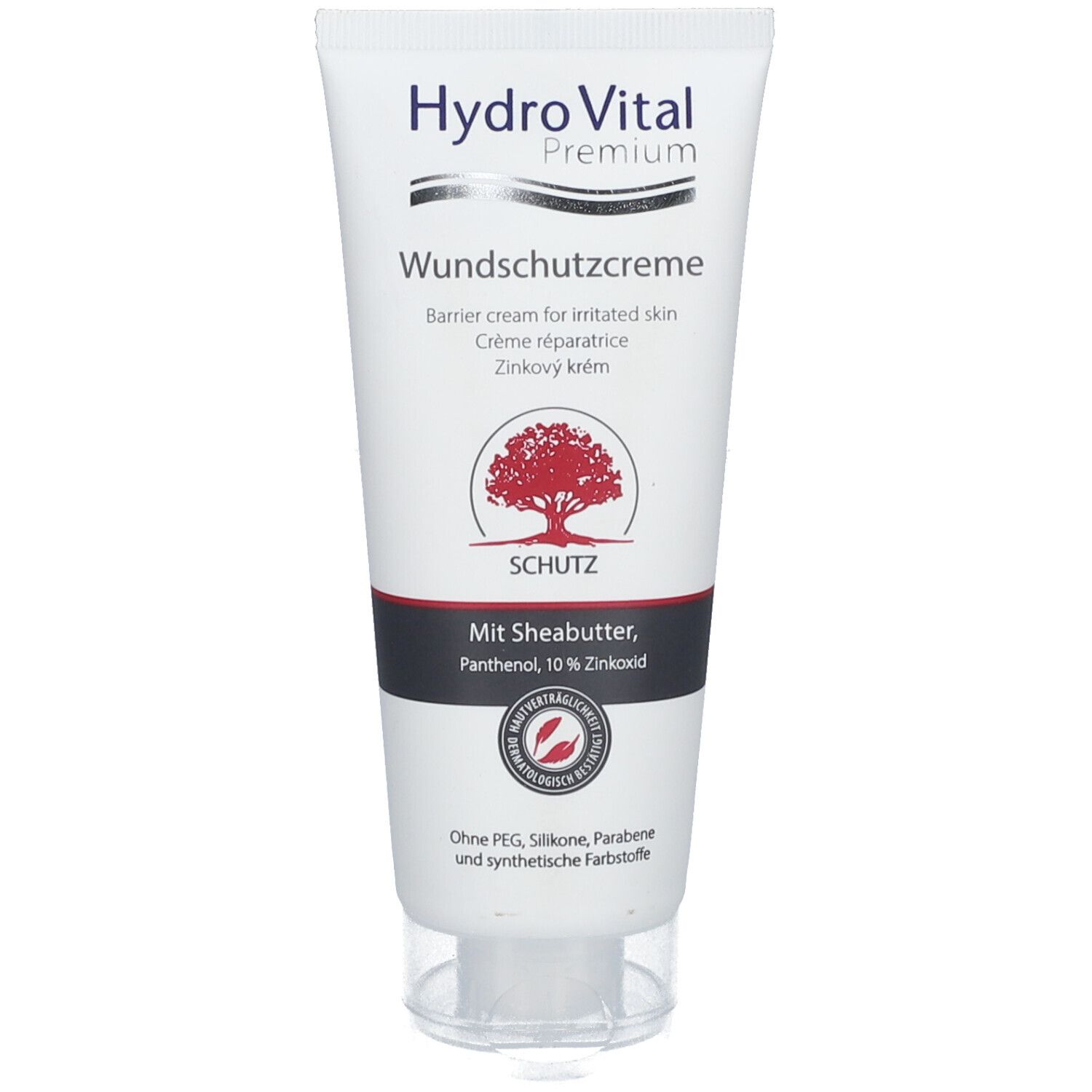 Tube Hydro Vital Premium Wundschutzcreme. Weiß, mit rotem Logo und Schriftzug. Enthält Sheabutter, Panthenol, Zinkoxid.