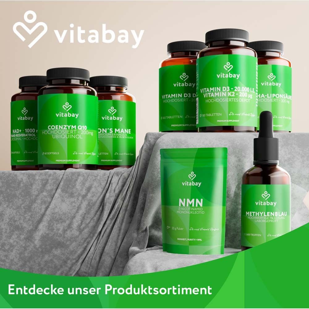 Verschiedene Vitabay Produkte. Vitamin D3, K2, Coenzym Q10, NMN, Methylenblau, uvm.