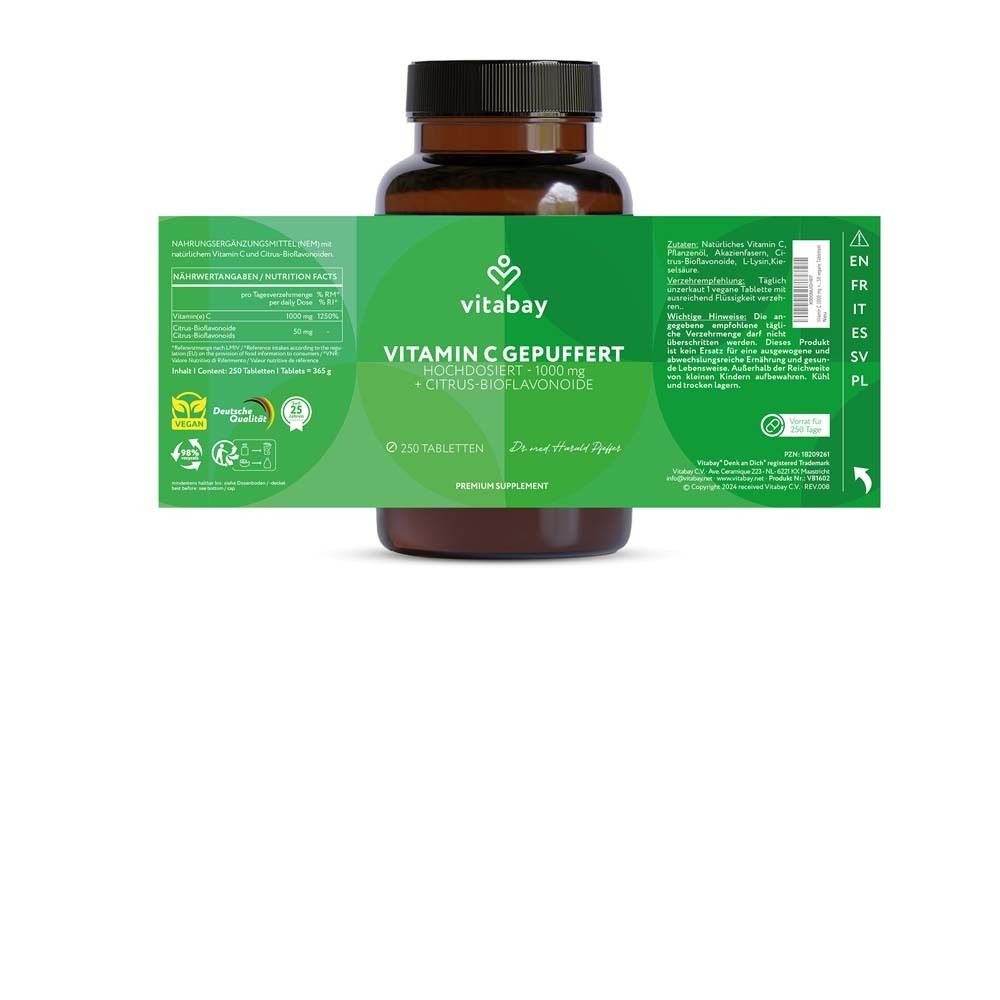 Vitabay Vitamin C Gepuffert 1000mg mit Citrus-Bioflavonoide, 250 Tabletten.